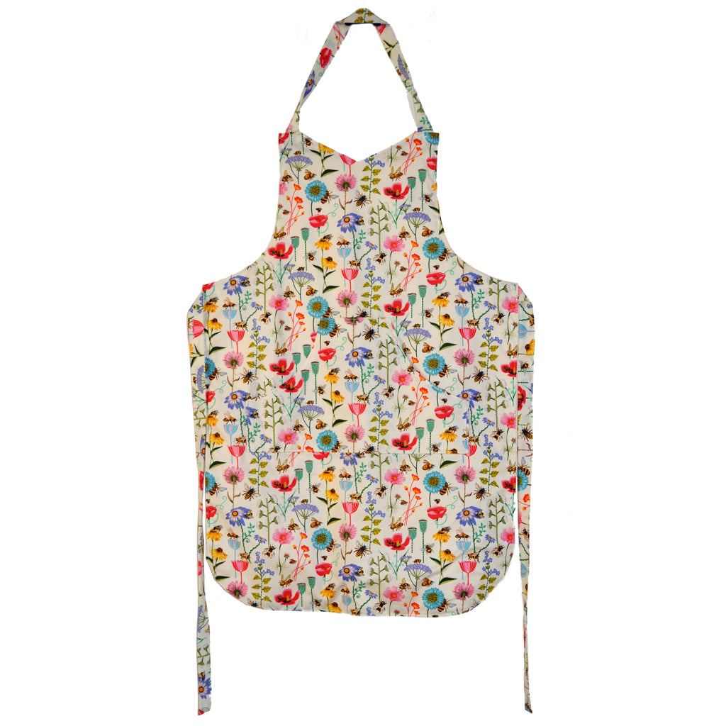 Bees and bright flower pattern on hand sewn apron.