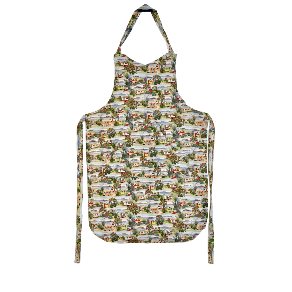 Caravan pattern on hand sewn apron.