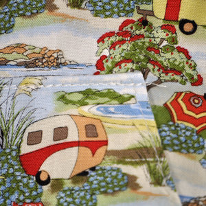 Detail on handsewn retro Caravan pattern apron.