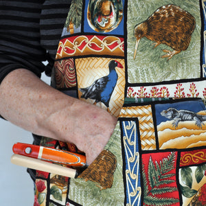 Close up of pocket on patchwork apron.