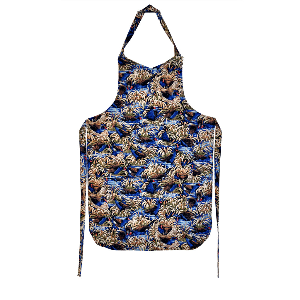 Pukeko pattern on hand sewn retro apron.