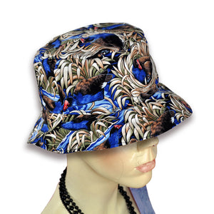 NZ Pukeko pattern on bucket hat worn by mannequin.