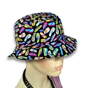 Jandal pattern bucket hat on mannequin.