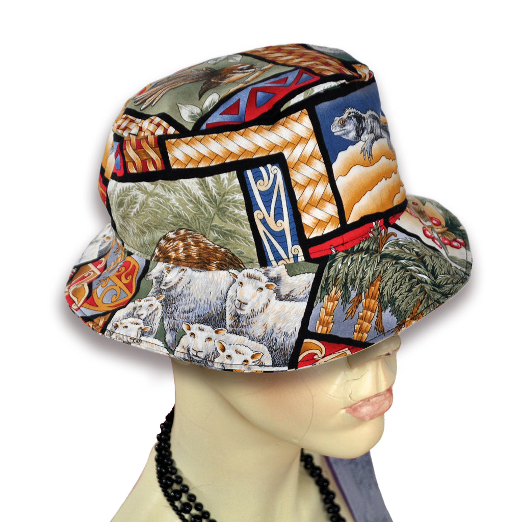 NZ Patchwork icons on bucket hat worn by mannequin.