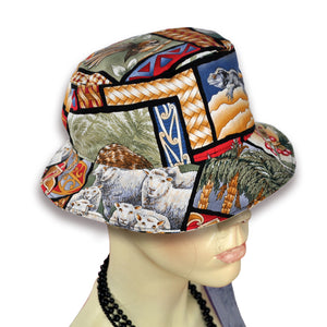 NZ Patchwork icons on bucket hat worn by mannequin.